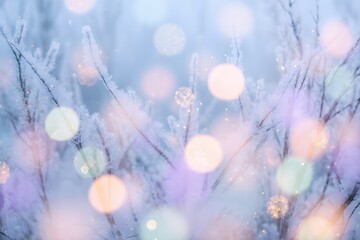 Xmas tree with snow decorated with garland lights, holiday festive background. Widescreen backdrop. New year Winter art design, wide screen holiday border, Christmas winter blurred background. 
