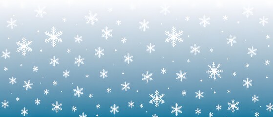 A winter scene with many snowflakes.  Blue shiny winter banner with snow, A panoramic winter scene of falling snowflakes, with a gradient blue to white background, 
