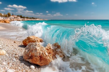 A serene beach scene with turquoise waves crashing against rocks and a sandy shore under a clear blue sky
