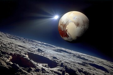 A stunning view of a celestial body with a rugged surface, illuminated by a distant sun