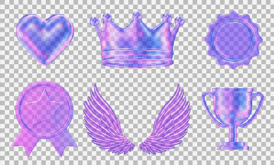 3d glass transparent neon heart, crown, medal, coin with star, wings, trophy. Y2k style. Stock vector illustration on isolated background.