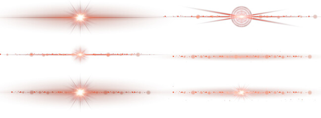 Horizontal red light glow with sparkles and flare effect on transparent background. Neon red line stripe for decoration, transitions or abstract motion effects in digital design.