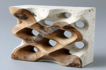 A minimalist sculpture crafted from wood and stone, featuring intricate curves and hollows