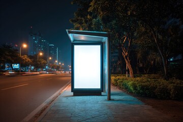Illuminated bus shelter at night, blank ad space (1)