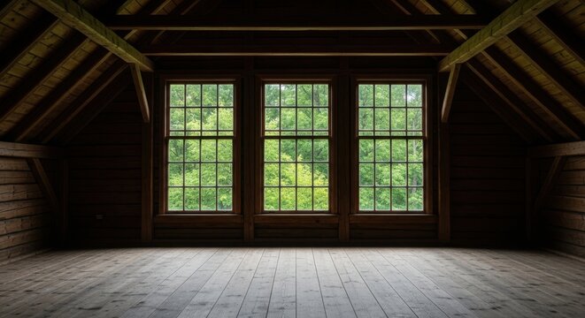 Sunlight Filters Through Three Attic Windows onto Wooden Floorboards