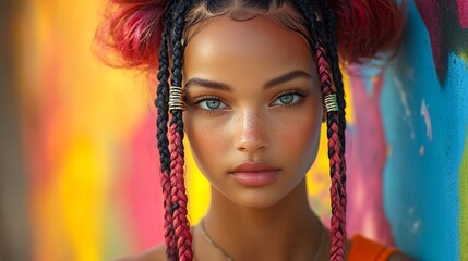 Fashion forward shot of a model with high pigtails styled with chunky braids each braid adorned with metallic hair rings set against a bold urban backdrop with graffiti walls and vibrant colors