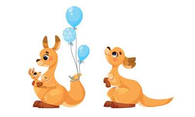 A cute cartoon kangaroo with colorful balloons and its baby, joyfully celebrating life