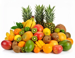 A tropical fruit set featuring pineapples, bananas, kiwi, mango, oranges, and papaya, decorated with lush green leaves