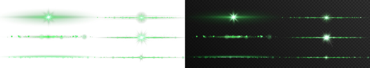 Green neon light streak with transparency and glitter. Energy beam for modern visual design, digital interface decoration or sci-fi video overlays.