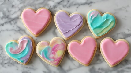 Obraz premium Heart-shaped cookies with vibrant icing designs create a cheerful display on a marble counter.