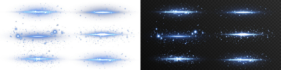Obraz premium Electric blue laser lines with glowing dust and sparkle trail. Futuristic light dividers for posters, web design, game UI, or tech motion graphics.