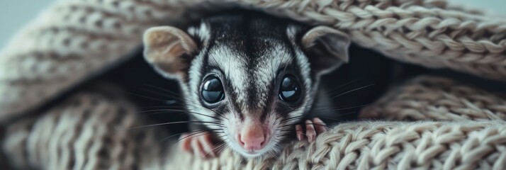 Close-up of a small animal nestled in knitted fabric