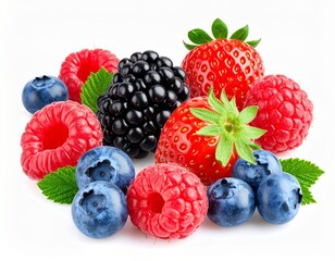 Fresh strawberries, raspberries, blueberries, and a large blackberry arranged neatly with green leaves