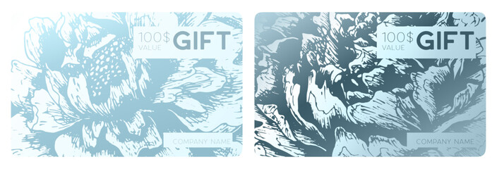 Gift card, voucher or lux name card. Invitation card with luxury hand drawn piony texture in white color.  Gift bonus cards, loyalty program , referral experience cashback, discount coupon, giftcard,