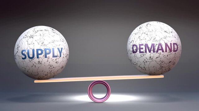 Supply and demand in balance - balancing stones on a scale symbolizing harmony, equity and equilibrium between supply and demand. Harmonious and beneficial situation.