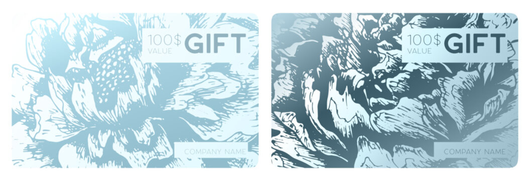 Gift card, voucher or lux name card. Invitation card with luxury hand drawn piony texture in white color. Gift bonus cards, loyalty program , referral experience cashback, discount coupon, giftcard,