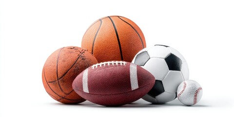 Assorted sports balls grouped on white background