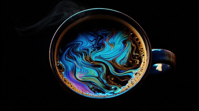 Surreal cup of coffee with swirling cosmic patterns inside, representing the hidden effects of daily ritual.