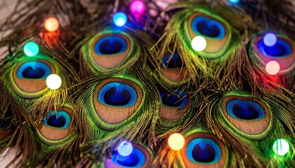 Fototapeta premium Colorful peacock feathers with festive lights