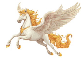 Majestic winged horse in flight.  Cream-colored pegasus with golden mane and tail, large white wings, and golden jewelry.  Dynamic pose