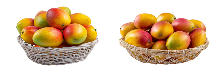  Set of a many ripe mangoes in a basket, isolated on transparent background.