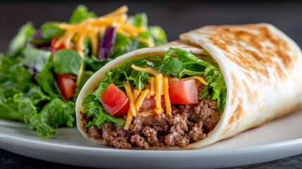 Mouthwatering Ground Beef Burrito Supreme with Toppings and Colorful Veggie Side Plate Closeup