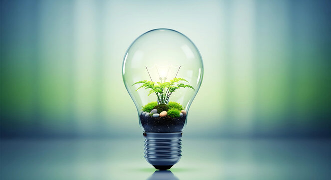 light bulb with green plant, Green Energy Concept: Plant Growing Inside a Lightbulb