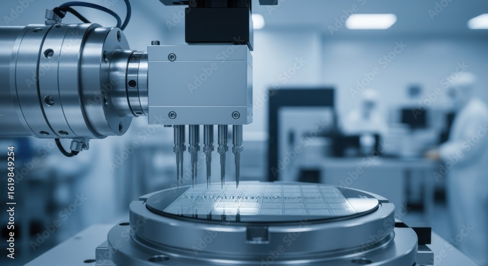 Aufkleber side view of a precision prober positioning needle probes over photonic integrated circuit wafer for