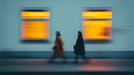 Two blurred figures stroll past brightly lit windows, creating a dynamic contrast between movement and vibrant illumination.