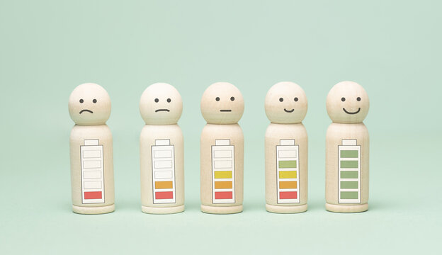 Exhausted by stress against healthy positive lifestyle, work life balance, burnout, low energy, people with  empty and full battery