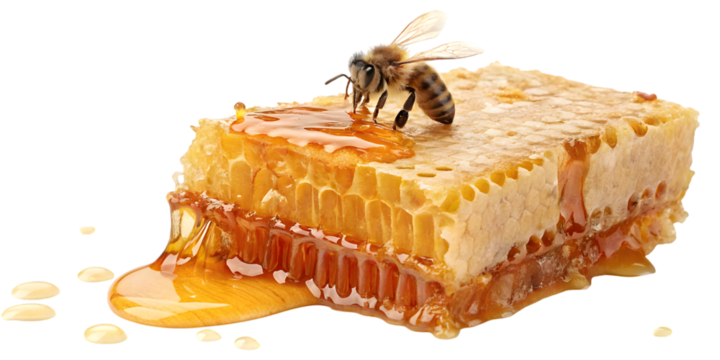 Sweet golden honey dripping from a natural honeycomb with a busy bee savoring the rich nectar, showcasing nature's pure deliciousness and organic goodness. transparent background Png