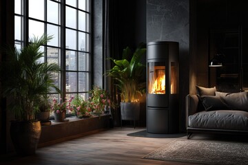 Dark, modern living room with a cylindrical fireplace, large window, and city view