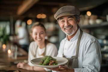 Smiling Chef Presenting Dish in Restaurant with Staff, Showcasing Culinary Art