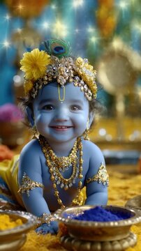 Divine Janmashtami moment: adorable lord, smiling child, young monarch, blue skin, Hindu baby, yellow dress, cute toddler, Krishna birth, sacred festival, Jayanti, Rohini, Gokulashtami