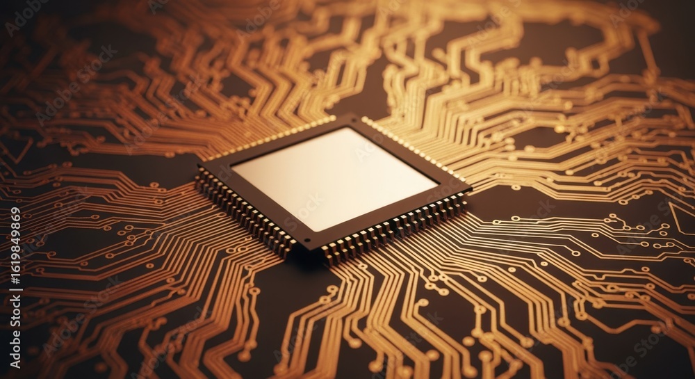 Poster extreme closeup of semiconductor chip nestled within a complex network of copper circuits.