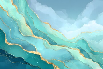 Abstract design with flowing teal and turquoise waves, accented with gold lines.