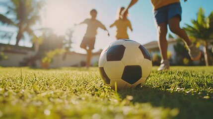Kids play soccer at warm sunny day, spending quality time with family