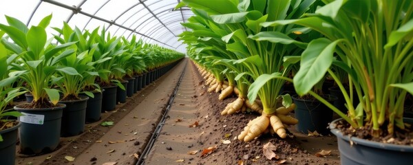 ginger grows slowly but benefits from the warmth and humidity in greenhouses allowing steady rhizome development year round.