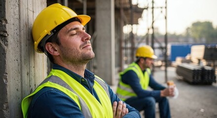 Construction workers resting during break at building site wearing safety gear with copy space.