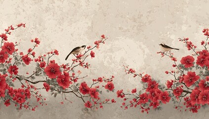 Red blossoms and birds on a textured backdrop.