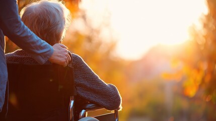 Elderly woman in wheelchair with caregiver, captured in warm lighting to highlight compassionate care.