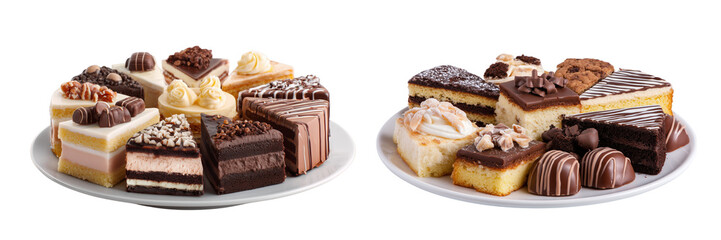  Set of a plate filled with many sliced cakes and chocolates, isolated on transparent background.