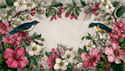 Delicate floral illustration with birds in a frame of blossoms.