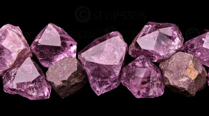 Fototapeta premium Raw and Polished Purple Amethyst Gems Against Black Background for Jewelry and Healing
