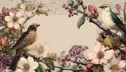 A detailed floral arrangement featuring birds.
