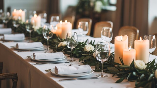 A beautifully arranged dining table with candles, glassware, and greenery, creating an elegant atmosphere for a special occasion.