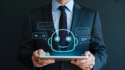 Businessman holding tablet with glowing chatbot icon and data charts artificial intelligence technology