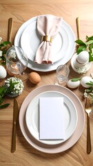 Easter table setting, featuring place settings and decorations