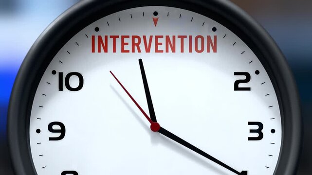 Intervention that is going to happen soon. Incoming intervention, approaching in the near future. Intervention almost here, in a short time - a clock symbolizes a reminder that intervention is near.