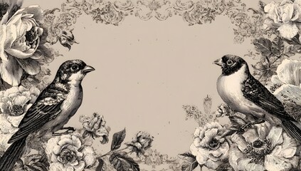 Two birds surrounded by elaborate floral designs.